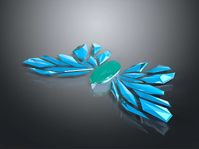 Blue Crystal Wing Sculpture With Central Green Gem And Geometric Design 3d model