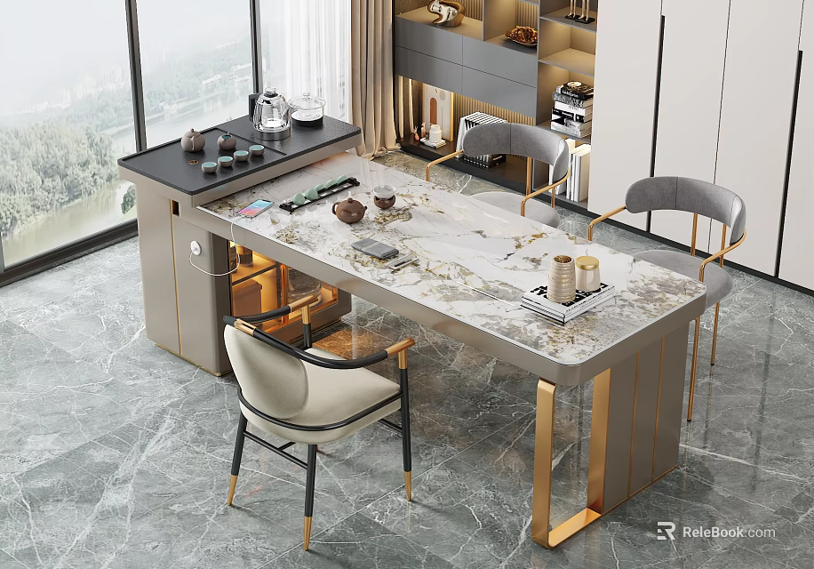 Elegant Modern Tea Table And Chairs With Marble Top And Gold Legs 3d model 