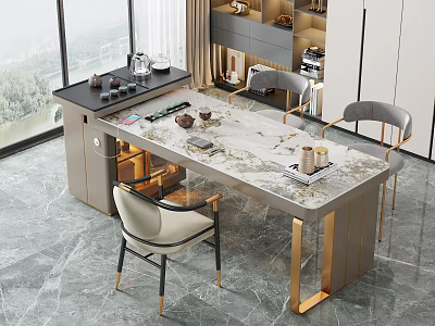 Elegant Modern Tea Table And Chairs With Marble Top And Gold Legs 3d model