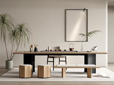 Modern Wooden Tea Table And Chairs With Round Stools Bench Green Plants And Wall Art 3d model