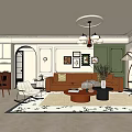 Modern Living And Dining Room Interior With Brown Leather Sofa Framed Artworks Chandelier And Area Rug