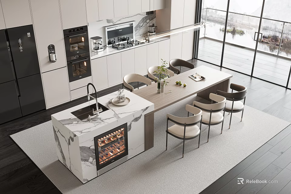 Modern Open Kitchen Dining Table Set With Marble Countertop Wine Rack And Chairs 3d model 