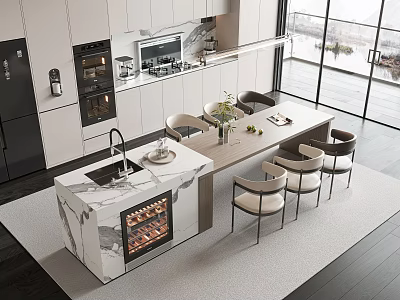 Modern Open Kitchen Dining Table Set With Marble Countertop Wine Rack And Chairs 3d model