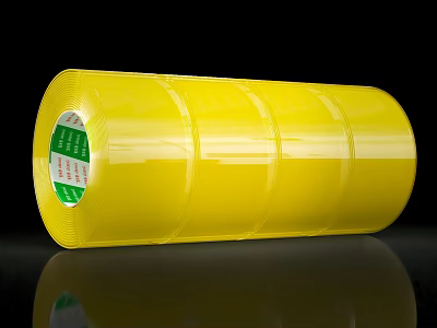 Yellow Transparent Adhesive Tape Roll with Green Label on Black Background 3d model