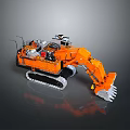 Orange Crawler Type Functional Vehicle Excavator With Mechanical Arm And Metal Bucket On Gray Background