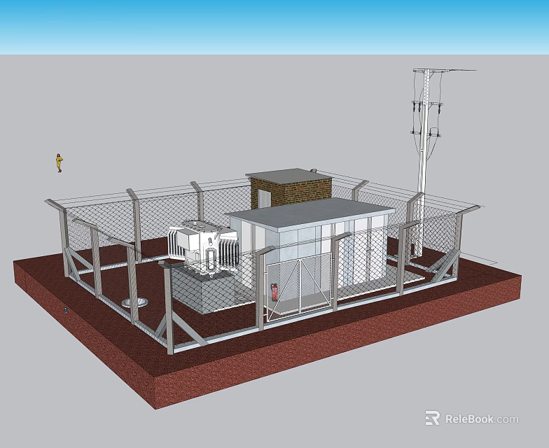 Enclosed Facility With Metal Fence Small Building And Equipment On Concrete Base 3d model 