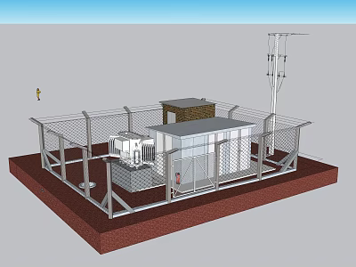 Enclosed Facility With Metal Fence Small Building And Equipment On Concrete Base 3d model