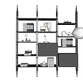 Modern Multi Tiered Bookcase With Black Frame Gray Cabinets And Decorative Items 3d model