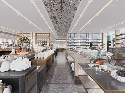 Elegant Restaurant Interior With Tableware Display Shelves Fresh Fruits Warm Lighting And Polished Countertops 3d model