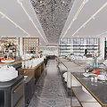 Elegant Restaurant Interior With Tableware Display Shelves Fresh Fruits Warm Lighting And Polished Countertops