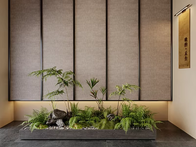 Indoor Japanese Zen Style Shrubs And Ferns In Rectangular Planter With Stones Gray Walls 3d model