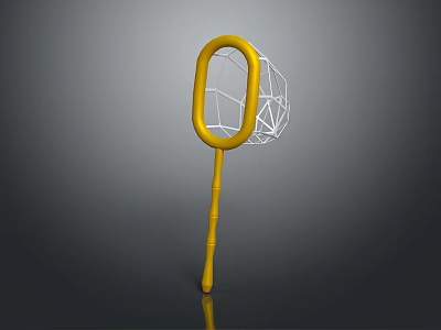 Yellow Handle Fishing Net with White Mesh and Yellow Ring Frame Design 3d model