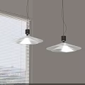 Two Modern Pendant Lights With White Shades Black Bases And Window Blinds