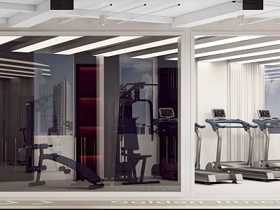 Modern Fitness Gym Interior With Treadmills Workout Equipment And Large Windows 3d model