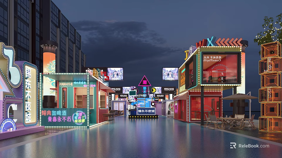 Vibrant Night Commercial Street With Colorful Storefronts Neon Lights Billboards And Reflective Ground 3d model 