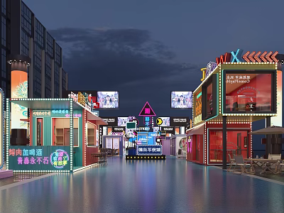 Vibrant Night Commercial Street With Colorful Storefronts Neon Lights Billboards And Reflective Ground 3d model