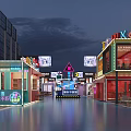 Vibrant Night Commercial Street With Colorful Storefronts Neon Lights Billboards And Reflective Ground