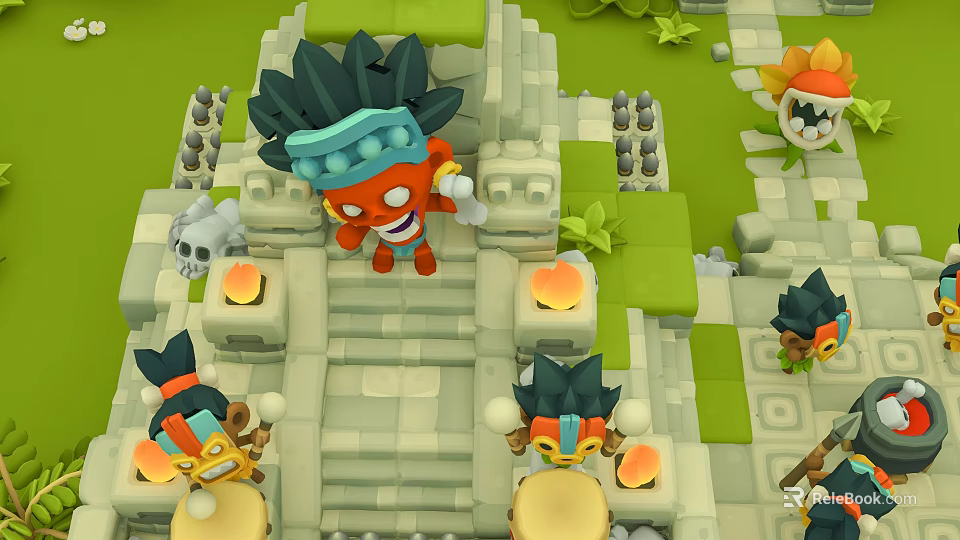 Cartoon Scene With Orange Character Blue Headdress On Stone Steps Green Grass And Burning Torches 3d model 