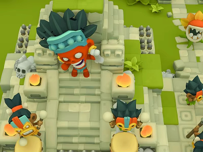 Cartoon Scene With Orange Character Blue Headdress On Stone Steps Green Grass And Burning Torches 3d model