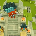 Cartoon Scene With Orange Character Blue Headdress On Stone Steps Green Grass And Burning Torches