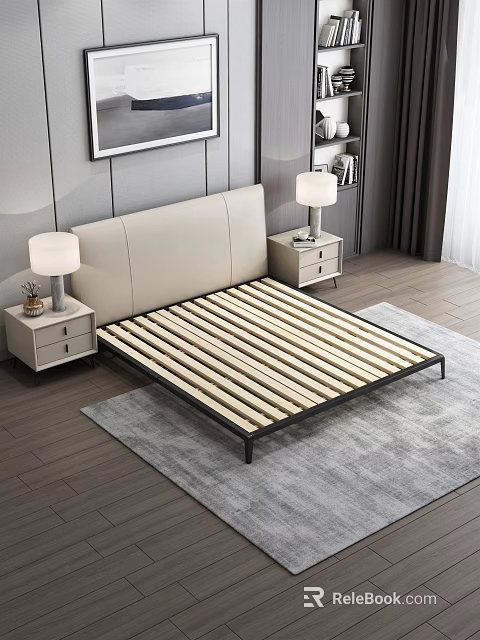 Modern Bedroom Bed With Beige Headboard Wooden Slats And Black Metal Frame 3d model 