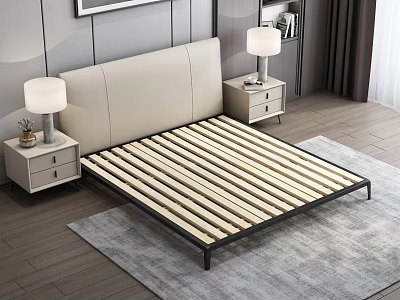 Modern Bedroom Bed With Beige Headboard Wooden Slats And Black Metal Frame 3d model