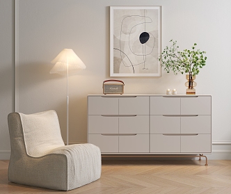 Cream Style Bucket Cabinet Casual Chair Combination Side Cabinet Side Cabinet Floor Lamp 3d model