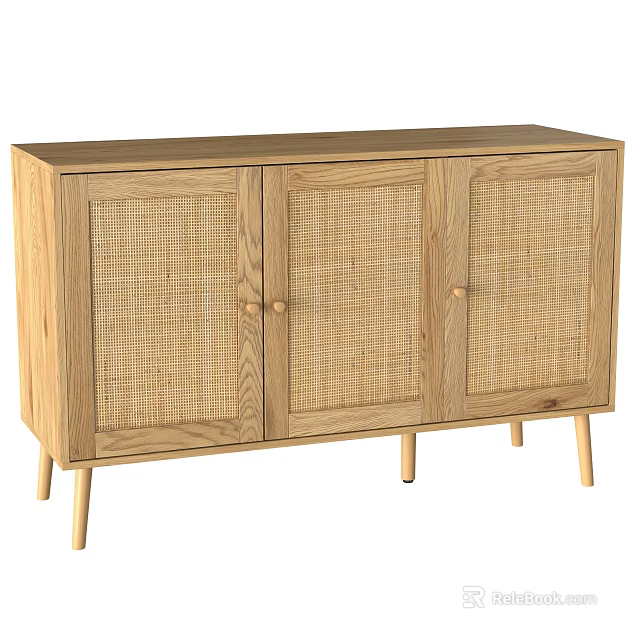 Natural Wooden Sideboard with Rattan Doors Minimalist Design and Slim Legs 3d model 