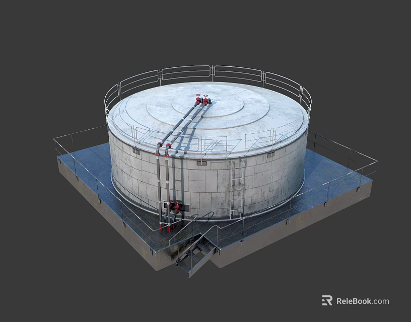 Concrete Circular Storage Tank With Top Railing Platform And Pipes 3d model
