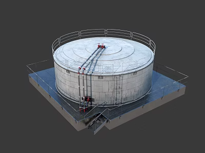Concrete Circular Storage Tank With Top Railing Platform And Pipes 3d model