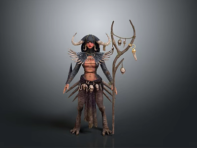 Fantasy Woman With Horns Wings And Ornate Outfit Holding Decorative Staff 3d model