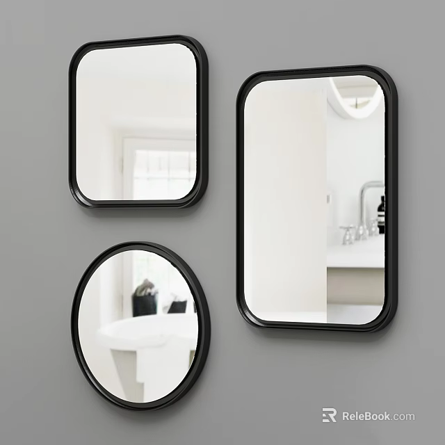 Stylish Black Framed Mirrors In Different Shapes On Grey Bathroom Wall With Sink Reflection 3d model 