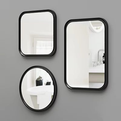 Stylish Black Framed Mirrors In Different Shapes On Grey Bathroom Wall With Sink Reflection 3d model