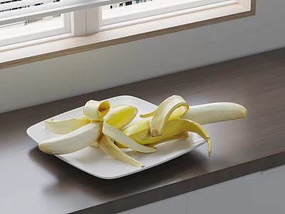 Peeled Bananas on White Plate with Wooden Countertop and Window Background 3d model