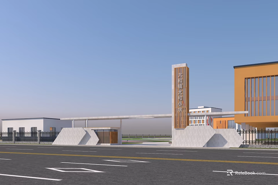 Modern Architectural Entrance Gate With Column Sign And Building View 3d model 