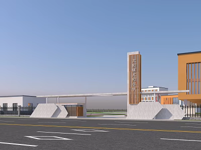 Modern Architectural Entrance Gate With Column Sign And Building View 3d model