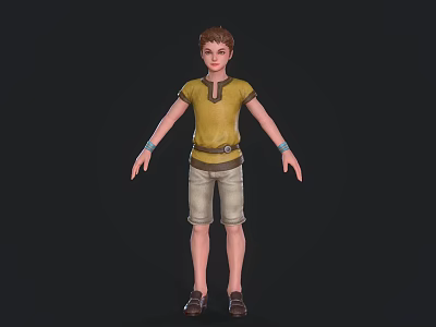 Game and Movie Character Young Male with Yellow T-Shirt Khaki Shorts Standing Pose 3d model