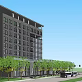 Modern Multi Storey Building With Glass Facade Green Roof Curved Base And Surrounding Urban Greenery