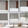 Gray and Brown Roller Curtains in Modern Interior Room with City View and Decorative Plants
