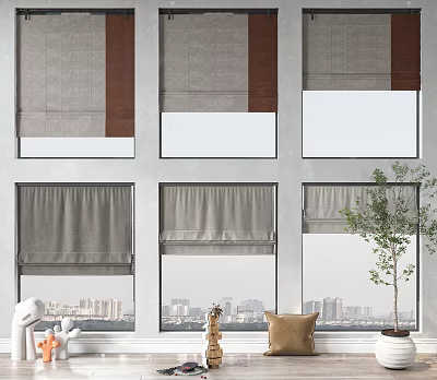 Gray and Brown Roller Curtains in Modern Interior Room with City View and Decorative Plants 3d model