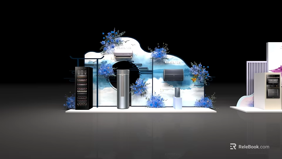 Modern Exhibition Booth Design With Cloud Shaped Backdrop Blue Flowers And Display Devices 3d model