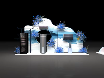 Modern Exhibition Booth Design With Cloud Shaped Backdrop Blue Flowers And Display Devices 3d model
