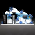 Modern Exhibition Booth Design With Cloud Shaped Backdrop Blue Flowers And Display Devices 3d model