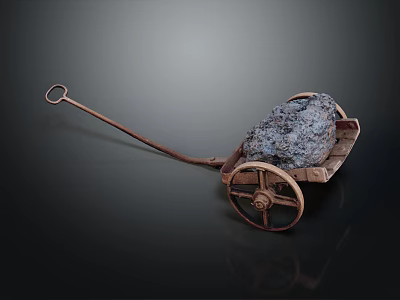 Vintage Old Wooden Cart Loaded With Stones Against Dark Background 3d model