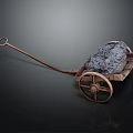 Vintage Old Wooden Cart Loaded With Stones Against Dark Background
