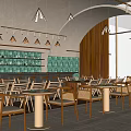 Modern Restaurant Interior With Arched Ceiling Wooden Walls Green Tiled Backsplash Pendant Lights Large Windows