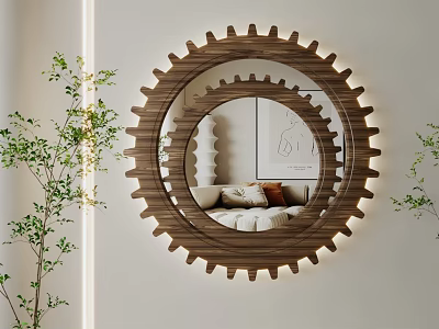 Wall Mounted Gear Shaped Mirror With Green Plants In Modern Living Room 3d model