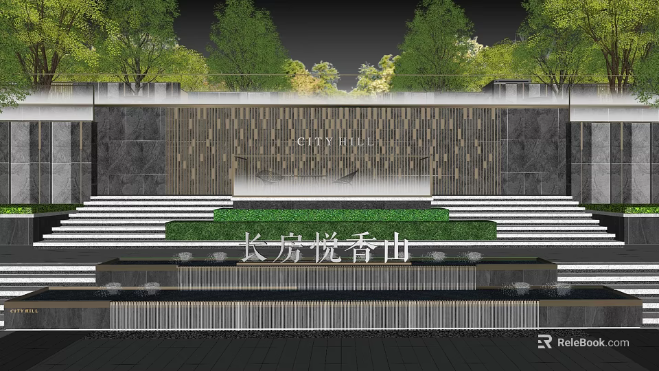 Commercial Landscape Design For Changfang Yuexiangshan With Stone Steps Green Plants And Water Feature 3d model 