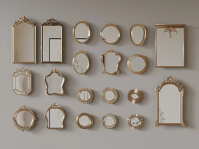 Multiple Golden Mirrors With Various Shapes And Decorative Frames On Grey Background 3d model