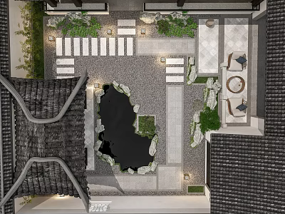 Traditional Karesansui Garden Design Featuring Raked Gravel Stones Moss And Zen Roof Elements 3d model